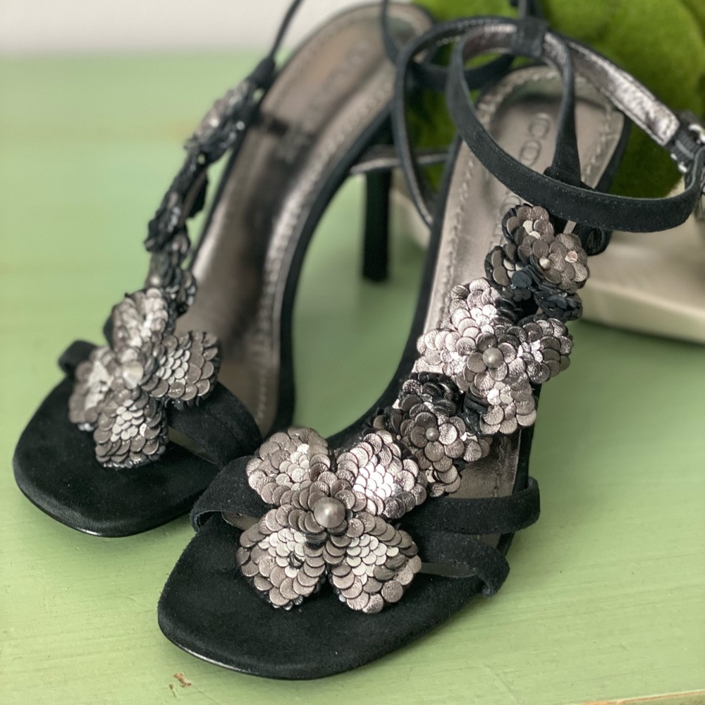 Coach 8.5 suede heels black with metallic pewter flowers